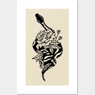 Tattoo-Style Snake and Peonies Posters and Art